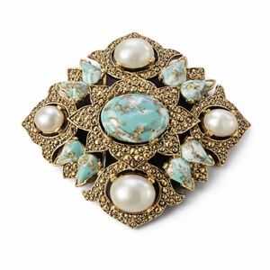 Vintage Sarah Coventry Brooch with Turquoise and Pearl Accents